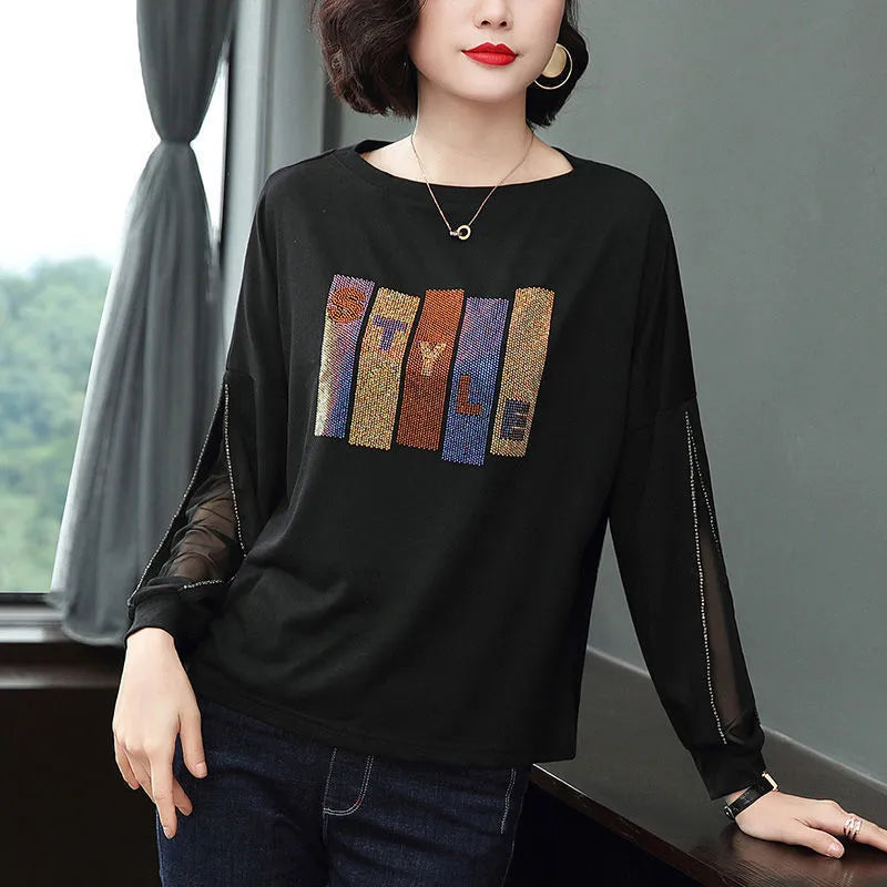 Fashion Hollow Out Spliced Lace Diamonds T-Shirt Women's Clothing 2022 Autumn New Loose Casual Pullovers Tops Korean Tee Shirt