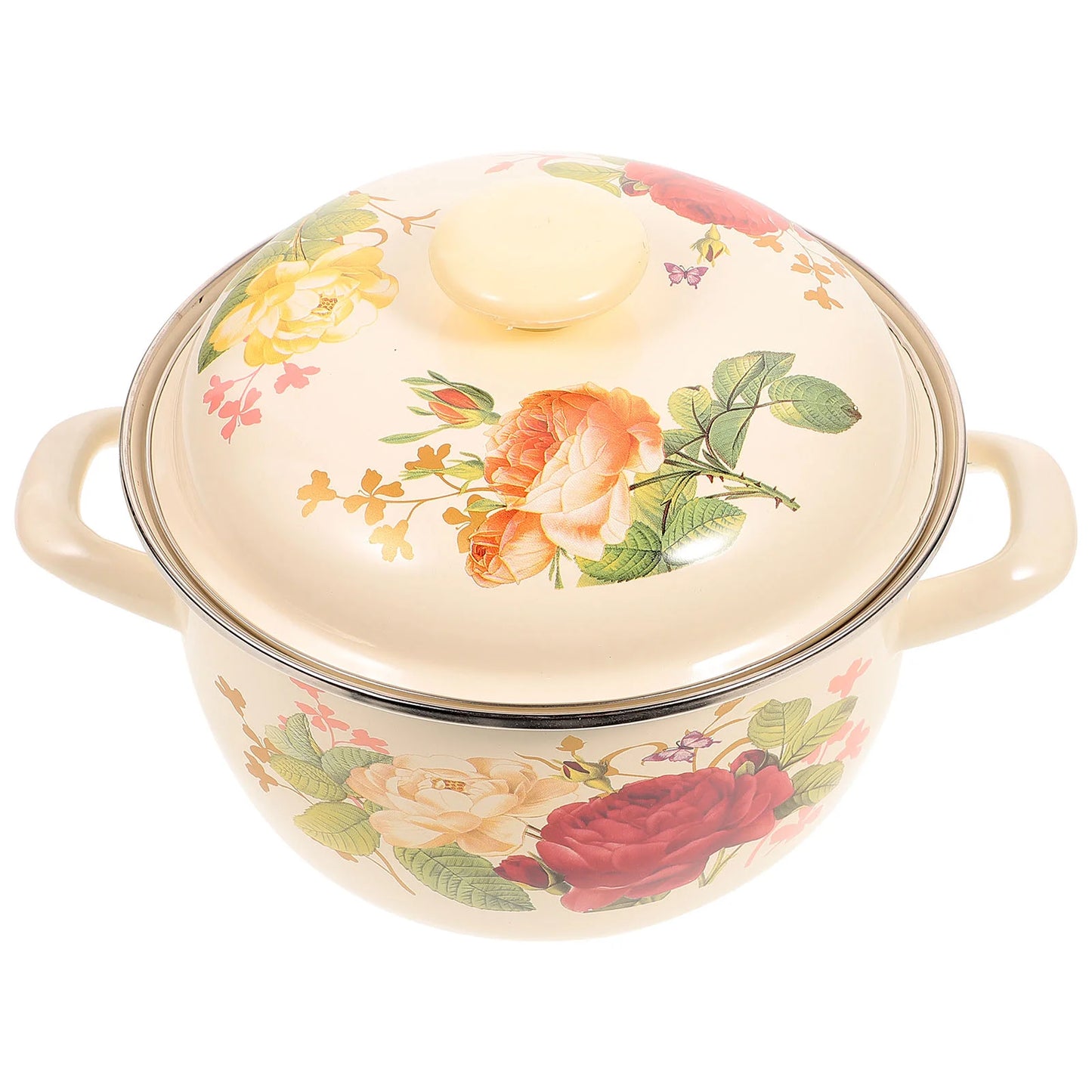 Ceramic Instant Noodle Pot Vintage Enamel Stockpot Soup Flower Pattern for Cooking Wear-resistant Bowls