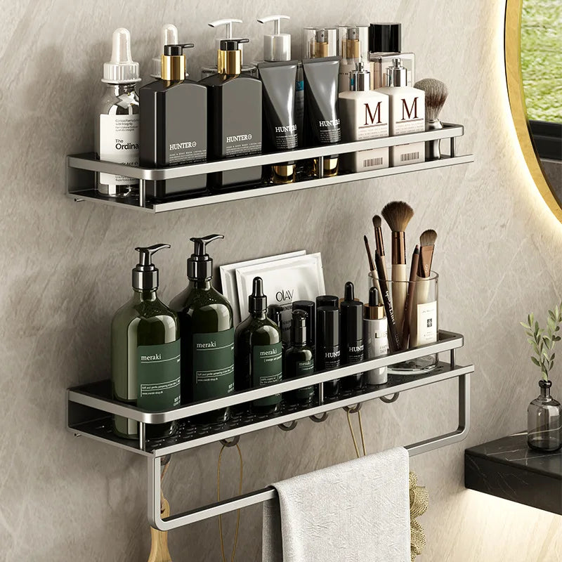 Bathroom Gun Grey Shelf with Towel Bar Space Aluminum Corner Shelves Towel Rack with Hook Shampoo Holder Kitchen Storage Rack