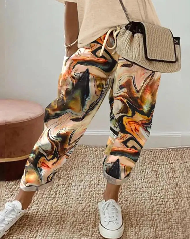 Women Fashion Trousers 2023 Summer European & American Women's Casual Clothing Floral Print Drawstring Cuffed Pants Female