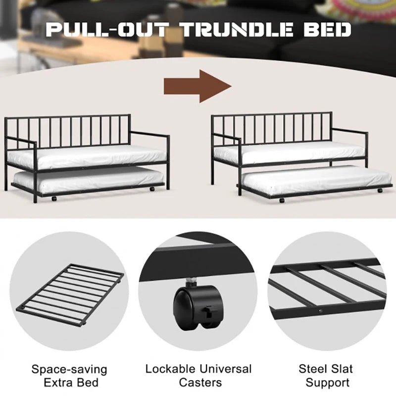 Twin Metal Daybed Sofa Bed Set with Roll Out Trundle Foldable Sofa Bed Frame Living Room Bedroom Furniture Bedframe