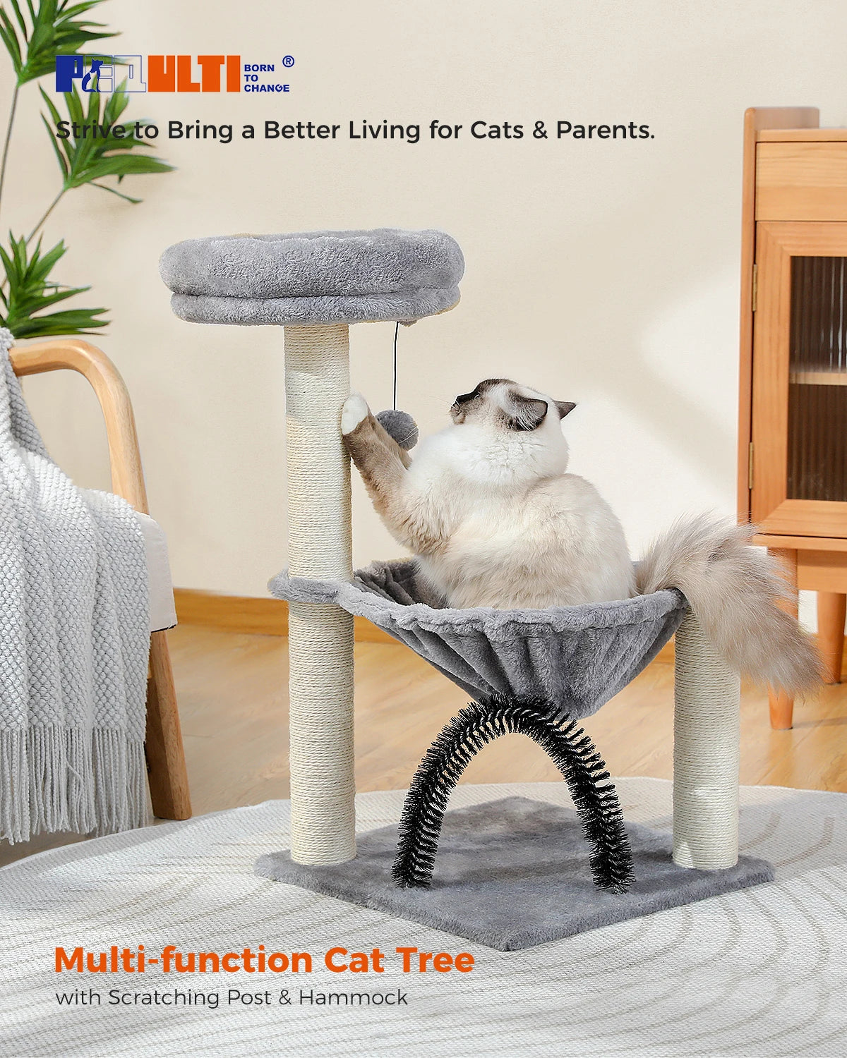 Small Cat Tree Cat Tower for Kitten with Super Large Plush Hammock Cat Scratching Post for Indoor Cats with Top Perch Cat Brush