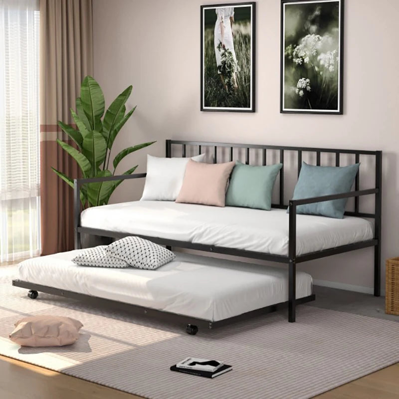 Twin Metal Daybed Sofa Bed Set with Roll Out Trundle Foldable Sofa Bed Frame Living Room Bedroom Furniture Bedframe