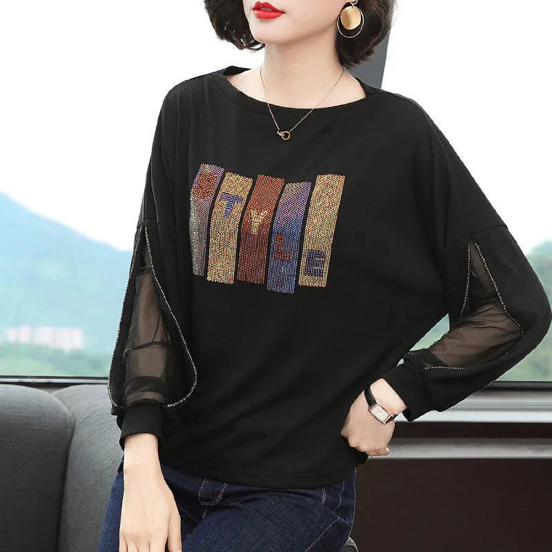 Fashion Hollow Out Spliced Lace Diamonds T-Shirt Women's Clothing 2022 Autumn New Loose Casual Pullovers Tops Korean Tee Shirt