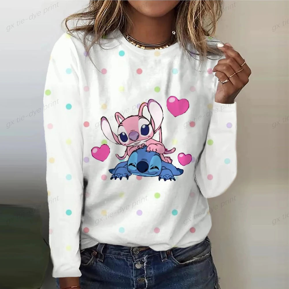 Disney Stitch Cartoon Print T-shirt Fashion Women's Clothing Spring And Autumn Basic Top Women's Long Sleeve T-shirt 2023