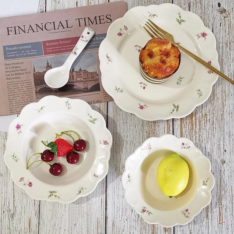 New Retro Floral Ceramic Plate Home Flower Dessert Plate Porcelain Fruit Salad Bowl Tableware Dinner Set with Spoon Dinnerware