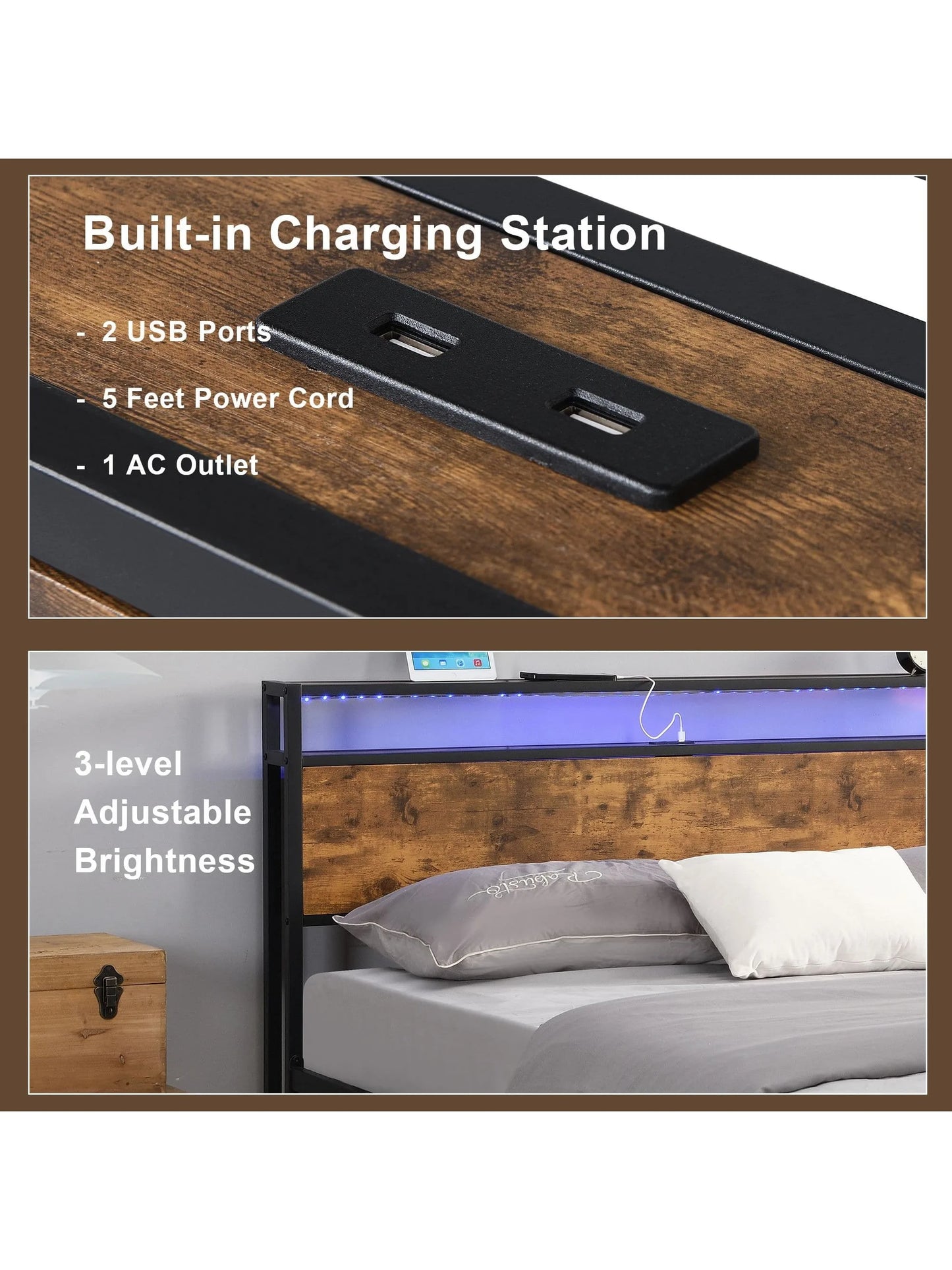 Industrial Full Bed Frame with Headboard Rustic Brown Bedframes with LED Lights and 2 USB Ports Bed Frame Full Size with Storage