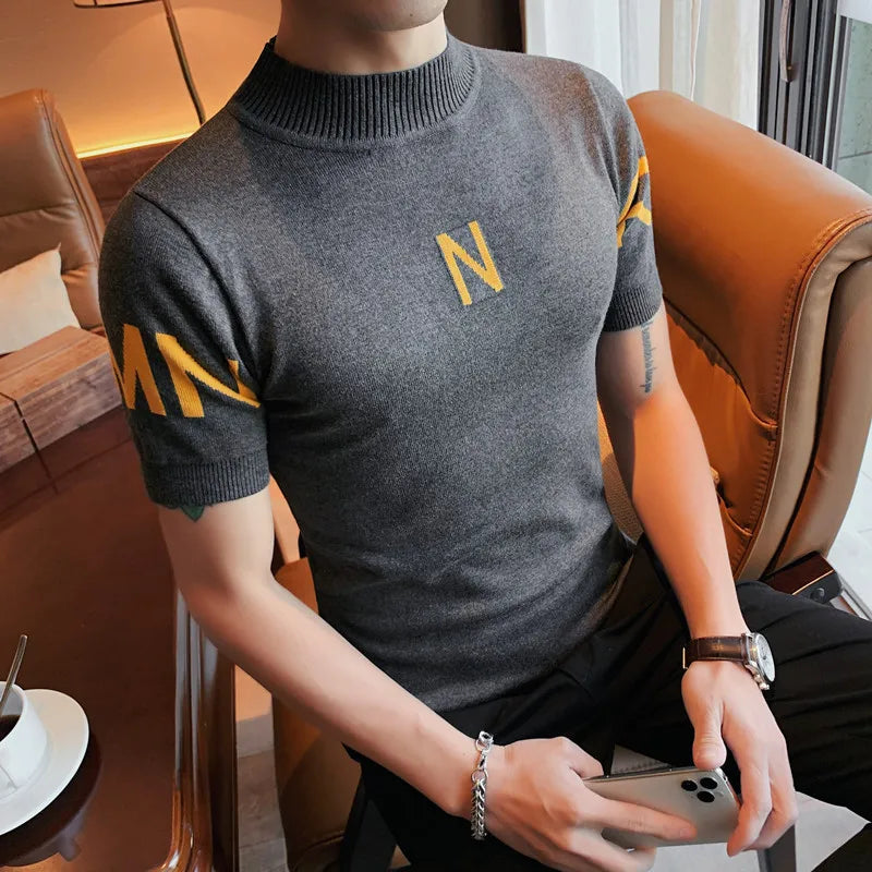 Summer New Letter Print Short Sleeve T-Shirt Men Clothing 2022 Korean O-neck Slim Fit Casual Knitted Tee Shirt Club Social Tee