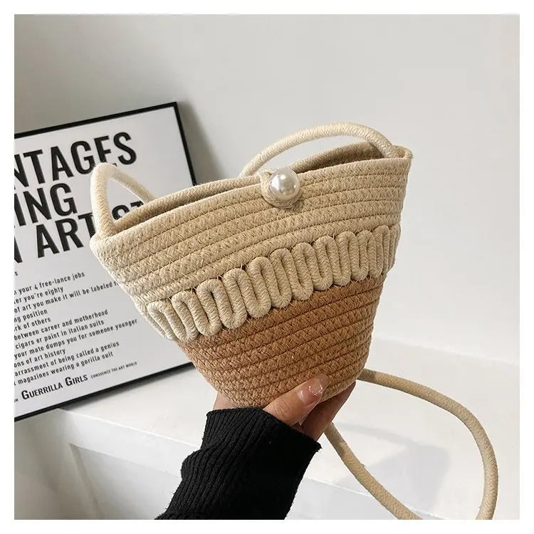 Cotton Rope Bucket Shoulder Bag For Women Handamade Woven Handbag Summer Beach Bag Drawstring Crossbody Bag Purse cute tote bag