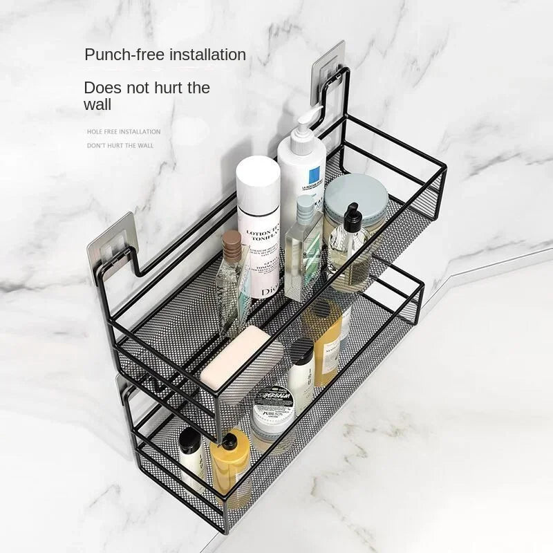 Punch Free Wall-mounted Bathroom Shelf Shower Shampoo Rack Toilet Accessories Kitchen Condiment holder Storage Basket