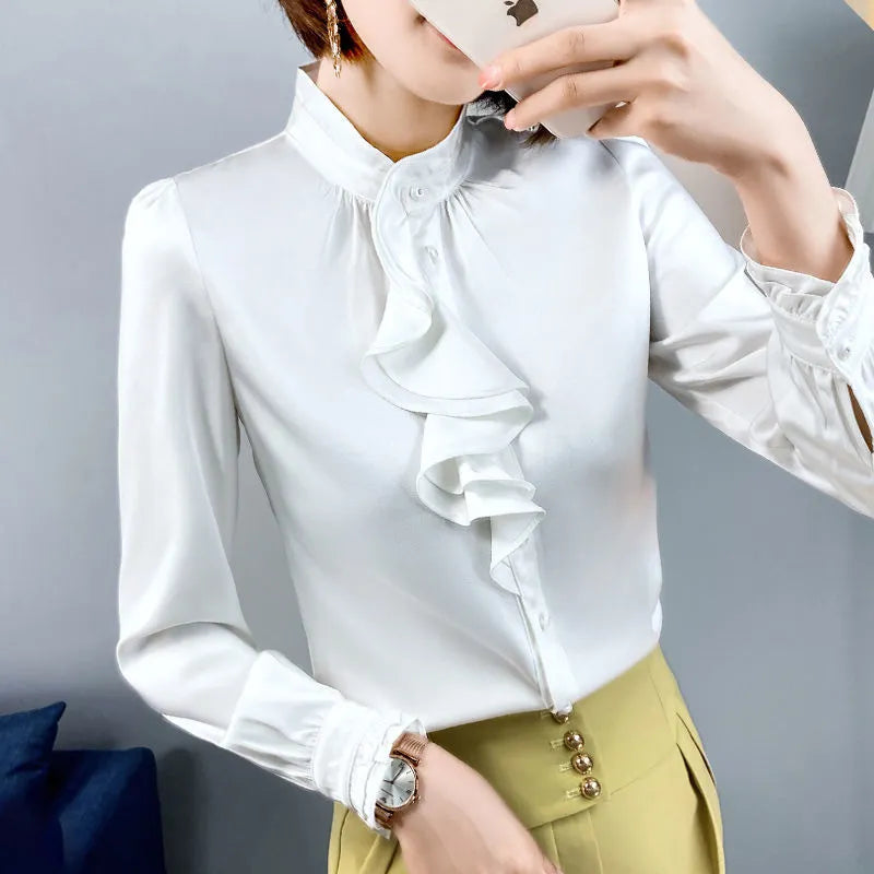 Elegant Princess Sleeve Satin Button Ruffles Shirt 2022 Autumn New Loose Women's Clothing Solid Color Office Lady Blouses