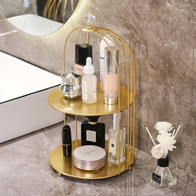 European Cosmetics Bathroom Tray Stand Storage Rack Crystal Metal Sundries Storage Tray Desktop Bird Cage Rack Home Decoration