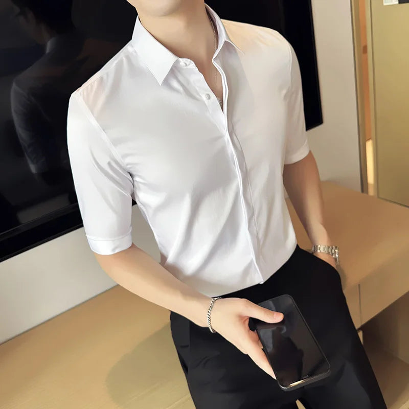 Top Quality Summer Ice Silk Half Sleeve Business Casual Shirts For Men Clothing 2023 Slim Fit Chemise Homme Prom Tuxedo 4XL-M