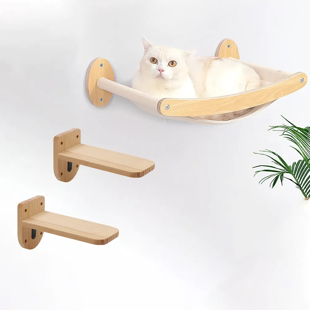 3 Pieces Wall Mounted Cat Bed Wooden Hammock and Jumping Platform Climbing Shelves and Sleeping Pet Furniture for Kitty