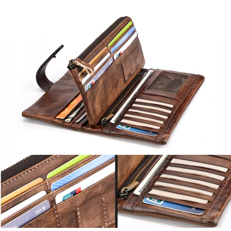 Luufan Vintage Genuine Leather Long Wallet Men Women RFID Blocking Credit Card Holder Purse Zipper Business Moible Phone Wallet