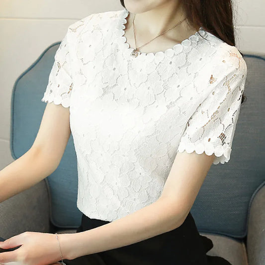 New Fashion Summer Short Sleeve Blouse Lace Women's Tops Sweet O-neck Women's Clothing Shirt White Women Shirt Blusas D710 30