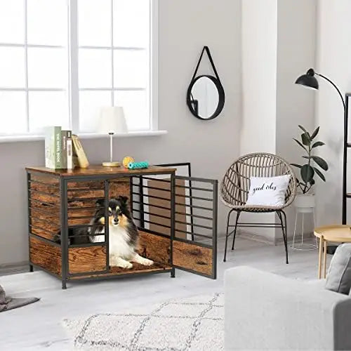 Crate Furniture,  Wooden Heavy Duty Dog Cage Side End Table,Indoor Dog Kennel,Decorative Style Steel Tube Structure Pet Crate Ho