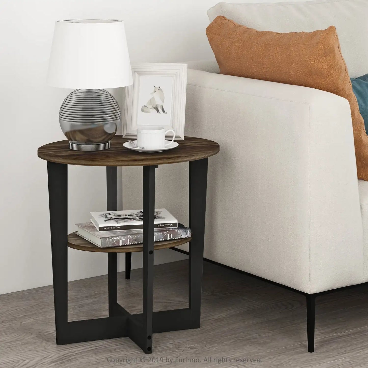 Oval End Table, Columbia Walnut & Black Living Room Furniture Side Coffee Table