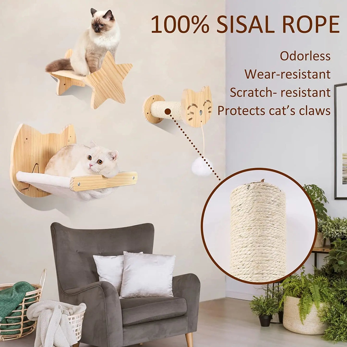 1pcCat Scratching Climbing Post Wall-mounted Cat Hammock Bed Pet Furniture Kitten Wall Shelf Set Cat Perch Wooden Cat Tree House