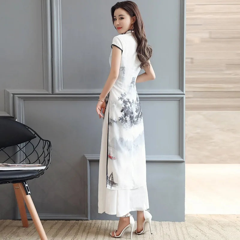 Summer Elegant Slim Women's Clothing Landscape Painting Cheongsam White Dress Qipao Chiffon Robe Vintage Chinese Style Dresses