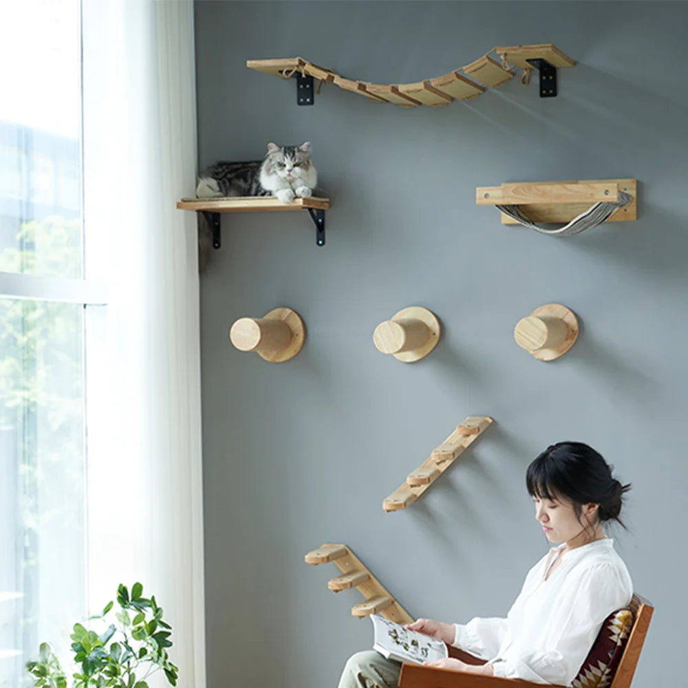 Wall Mounted Cat Shelves Scratching Post for Cat Jumping Platform and Cat Hammock Rope Ladder Wall Wooden Furniture