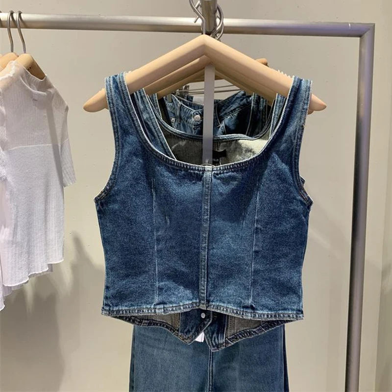 2023 Summer New Women's Vintage Denim Tank Top  korean fashion clothing  tops women  crop  cute tops