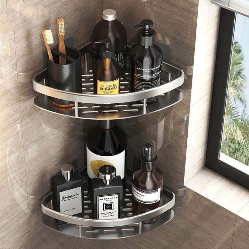 Without Drilling Rustproof Space Aluminum Bathroom Corner Shelf Shower Storage Rack Shampoo Holder Kitchen Bathroom Accessories