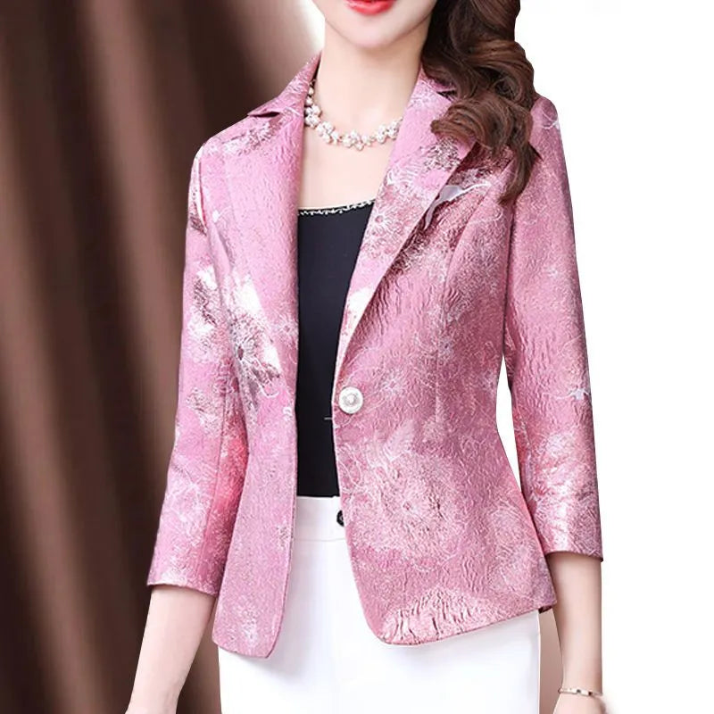 2023 Thin Women's Clothing Casual Notched Blazers Printing Spring Summer Three Quarter Sleeve Button Loose Korean Intellectual