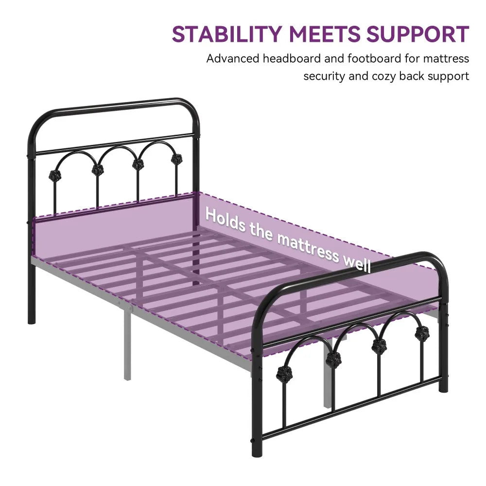 No Box Spring Needed Bunk Bed Base & Frame Industrial Twin Platform Metal Bed Frame With Headboard & Soundproof Cotton Bedframe