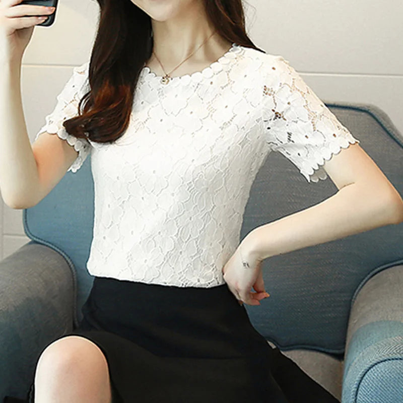 New Fashion Summer Short Sleeve Blouse Lace Women's Tops Sweet O-neck Women's Clothing Shirt White Women Shirt Blusas D710 30