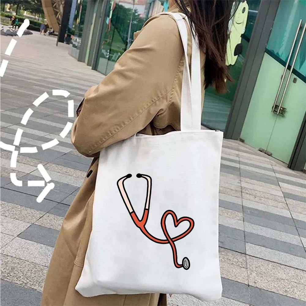 Doctor Nurse Medical Cross Medicine Health Heart Brain Flower Stethoscope Men Women Shoulder Canvas Totes Bags Shopping Handbags