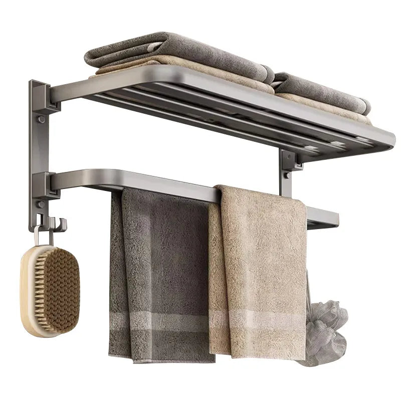 90 ° Foldable Bathroom Towel Holder With Hooks Space Aluminum Shower Room Towel Hanger Kitchen Storage Shelf Organizer