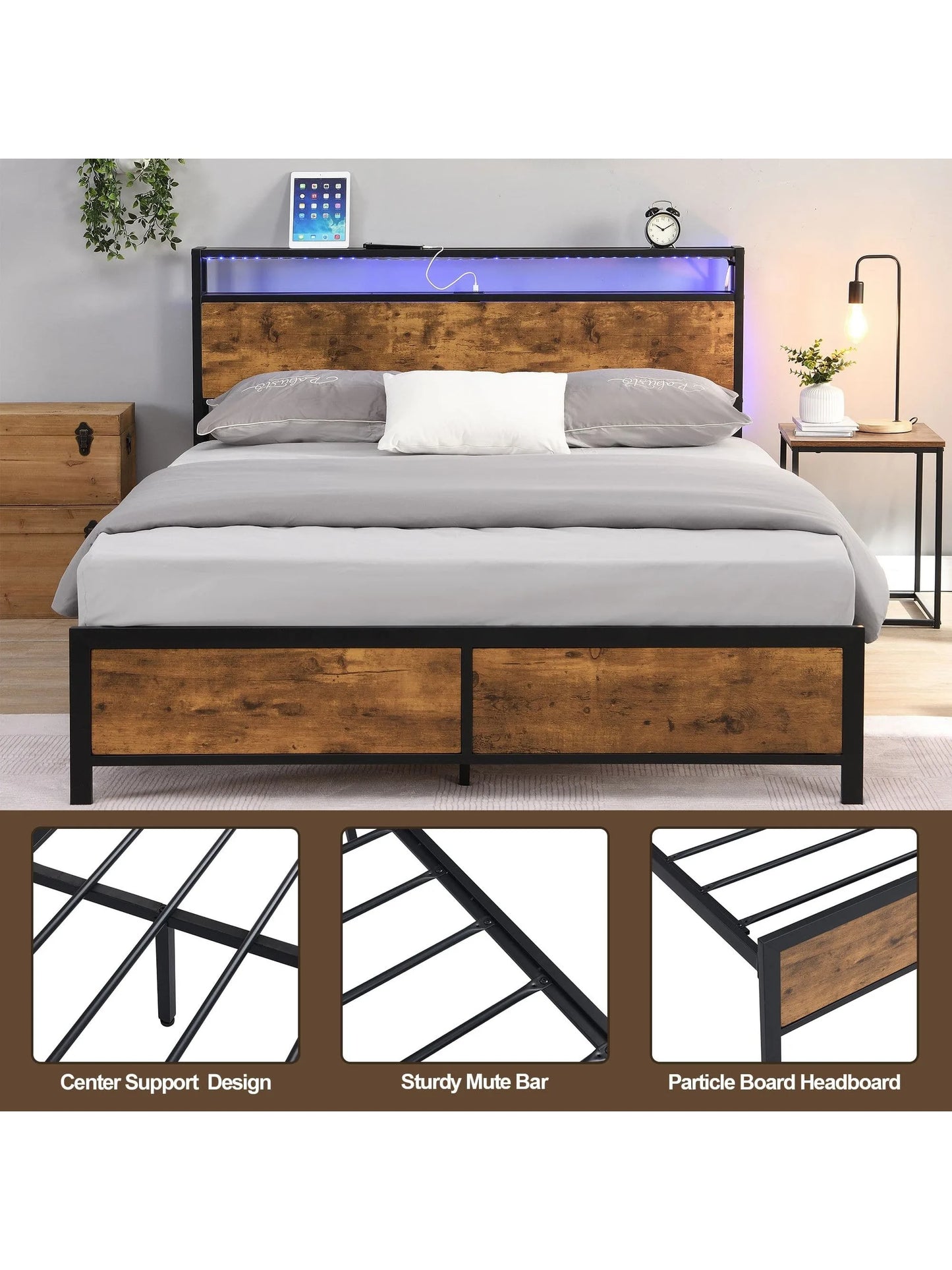 Industrial Full Bed Frame with Headboard Rustic Brown Bedframes with LED Lights and 2 USB Ports Bed Frame Full Size with Storage