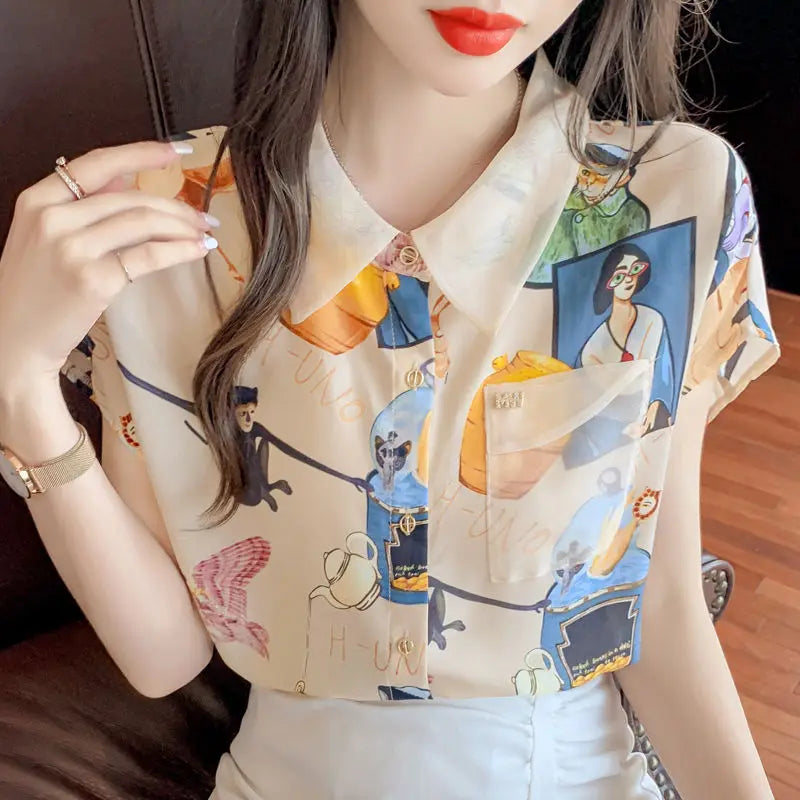 Vintage Printed Lapel Gauze Spliced Pockets Diamonds Loose Shirt Summer New Casual Tops Fashion Women's Clothing Commute Blouses