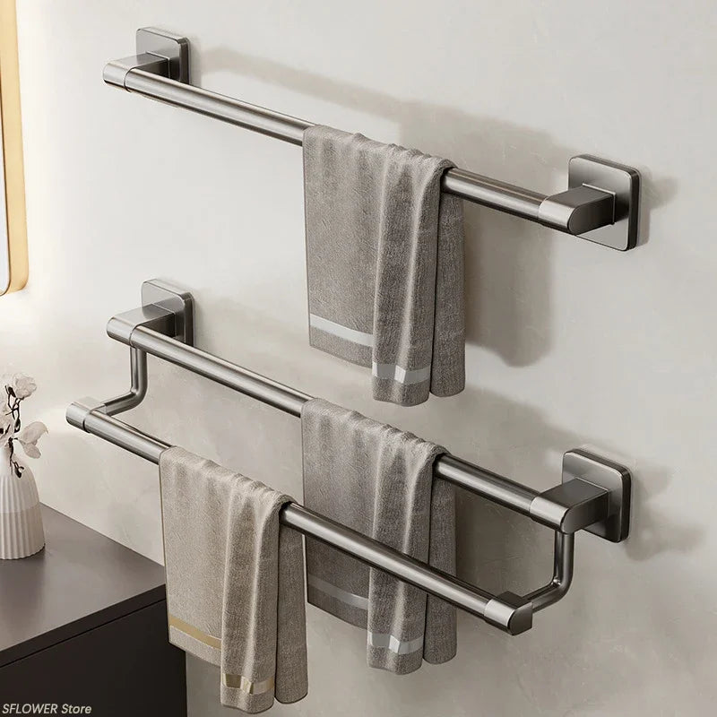 Towel Holder Wall Mounted No Drilling Towel Bar Space Aluminum Bathroom Organizers Bathroom Shelves Shower Storage Rack