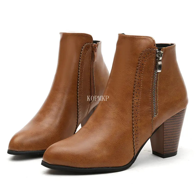 Return Women Ankle Boots Fashion PU leather Boots High heel 8cm Ladies shoes Side Zipper Short Boots for Women Shoes Drop ship43