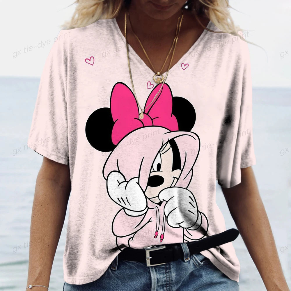 Summer Women's Tshirt Disney Mickey Mouse Print T Shirt for Women V Neck Pullover Casual Loose Ladies Clothing Streetwear Tee