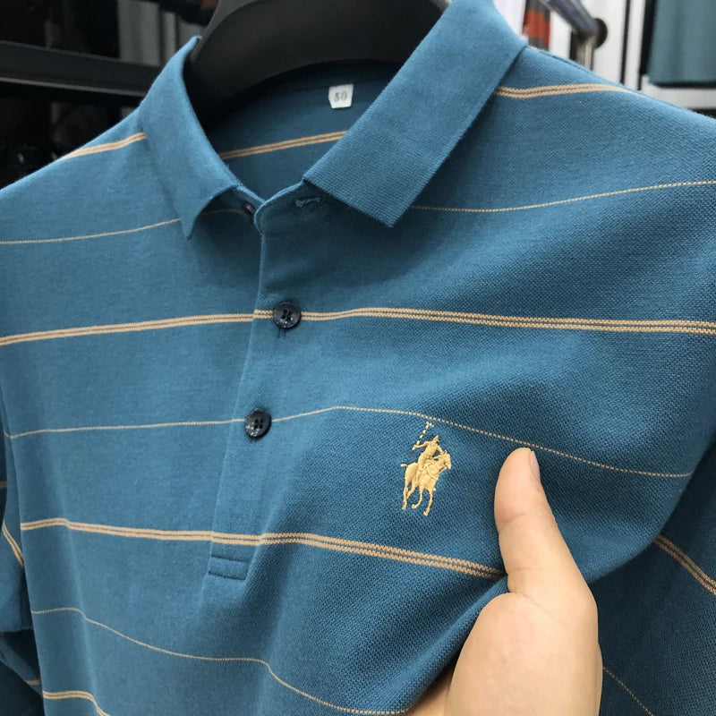 100% Cotton High End Luxury Men's Polo Shirt Embroidered Print Lapel Striped T-shirt Autumn New Korea Business Casual Clothing