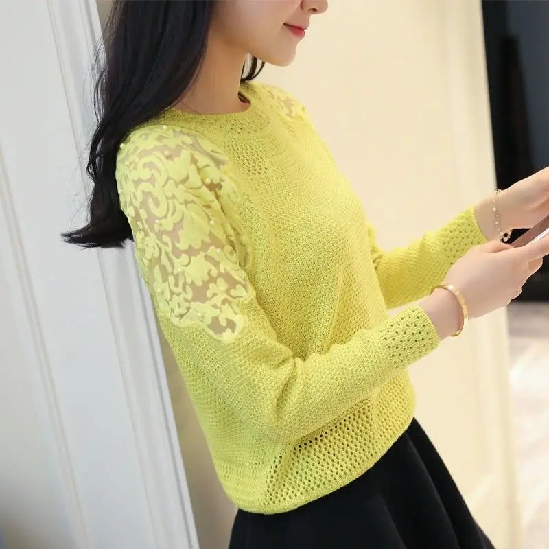 Woman Sweaters Thin Loose Hollow Beading Women's Clothing Lace Sweater Spring Crew Neck Pullover Femme Chandails Pull Hiver