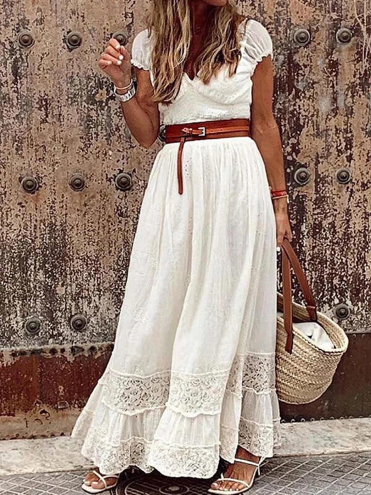 Women's Clothing 2022 Summer Fashion V-neck Vintage Party Female White Lace Elegant Maxi Dresses Casual Beach Long