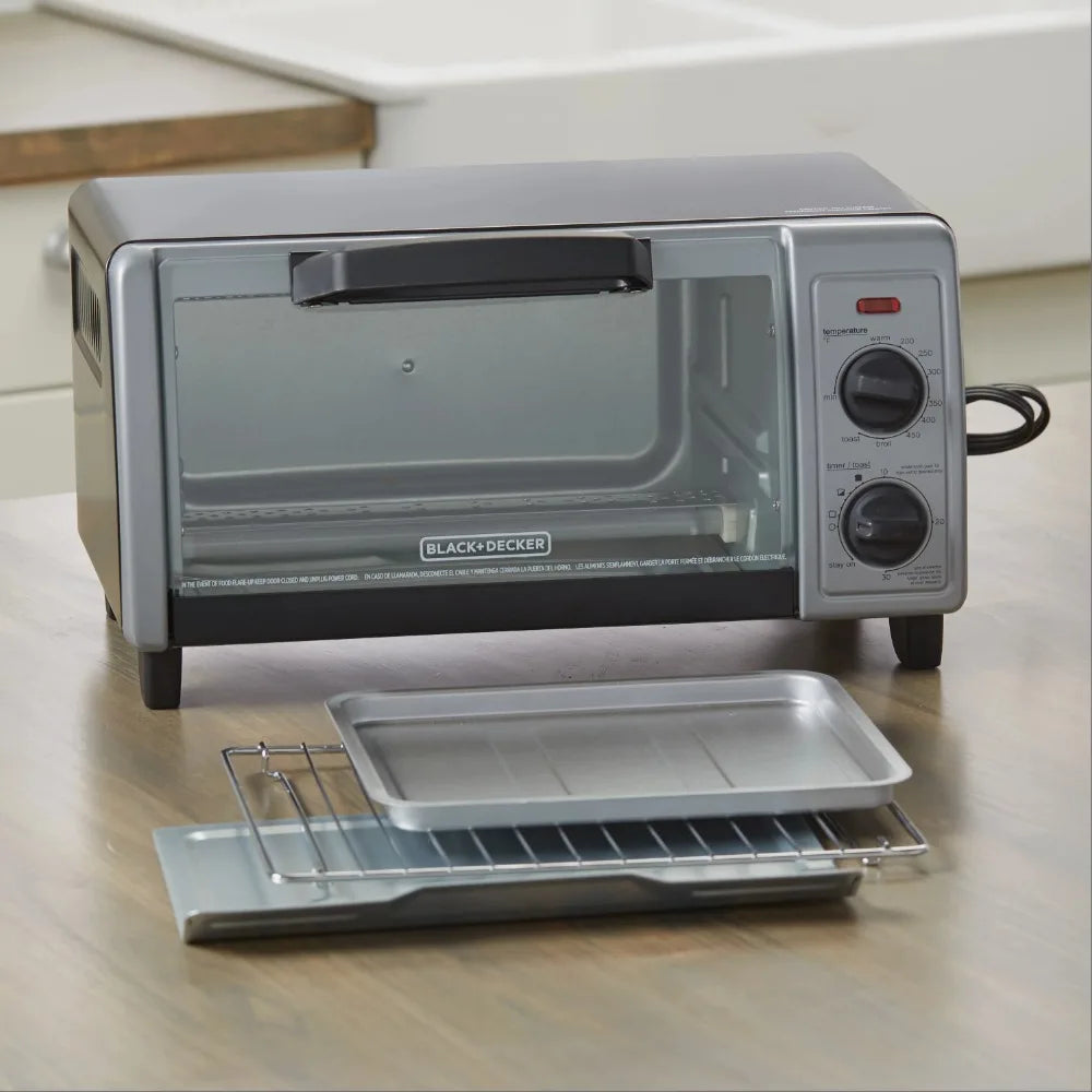 BLACK+DECKER 4-Slice Toaster Oven, Stainless Steel, TO1705SB Four Cooking Functions Removable Crumb Tray