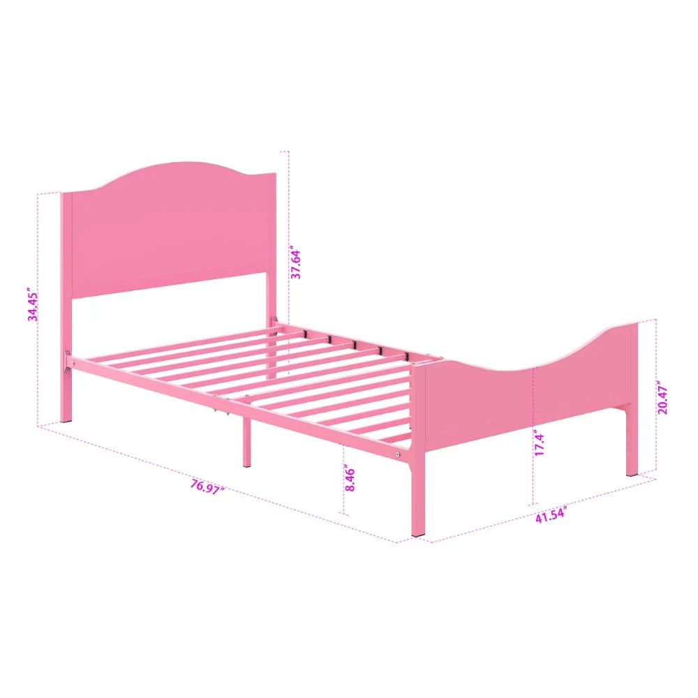 Kids Twin Metal Platform Bed Frame with Wood Headboard for Girls, Toddler, Kids, and Teens, Pink Finish，Best Gift for Kids