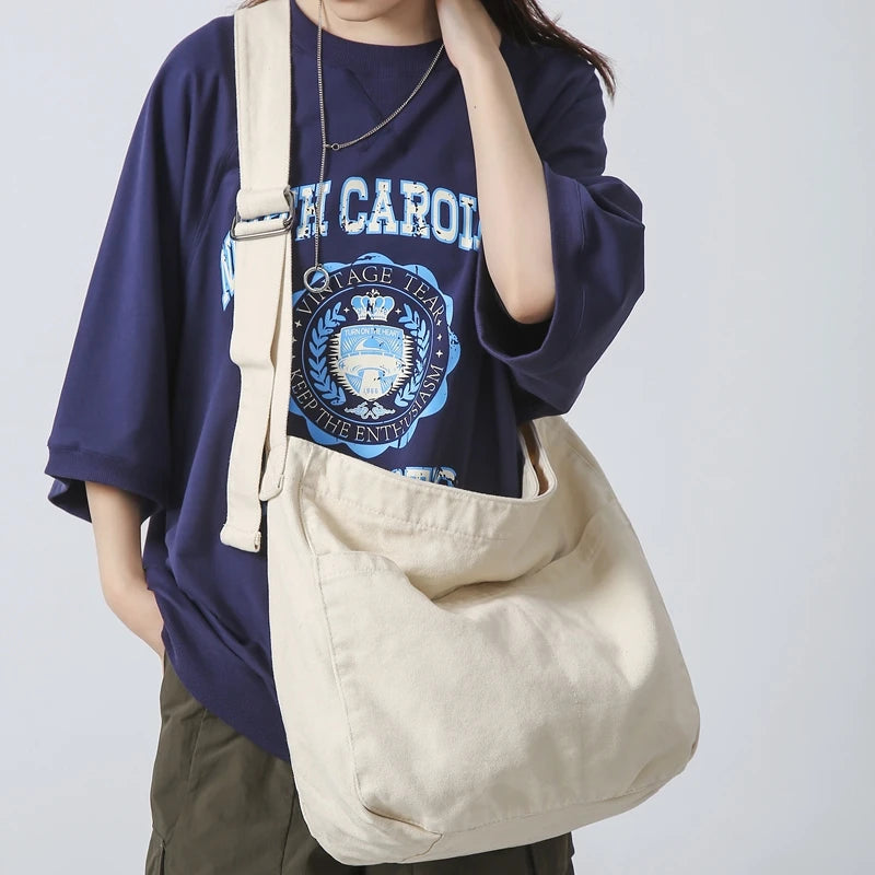 Women Casual Canvas School Crossbody Bags For Student Female Solid Color Large Capacity Tote Bag Trendy Cool Men Shoulder Bag