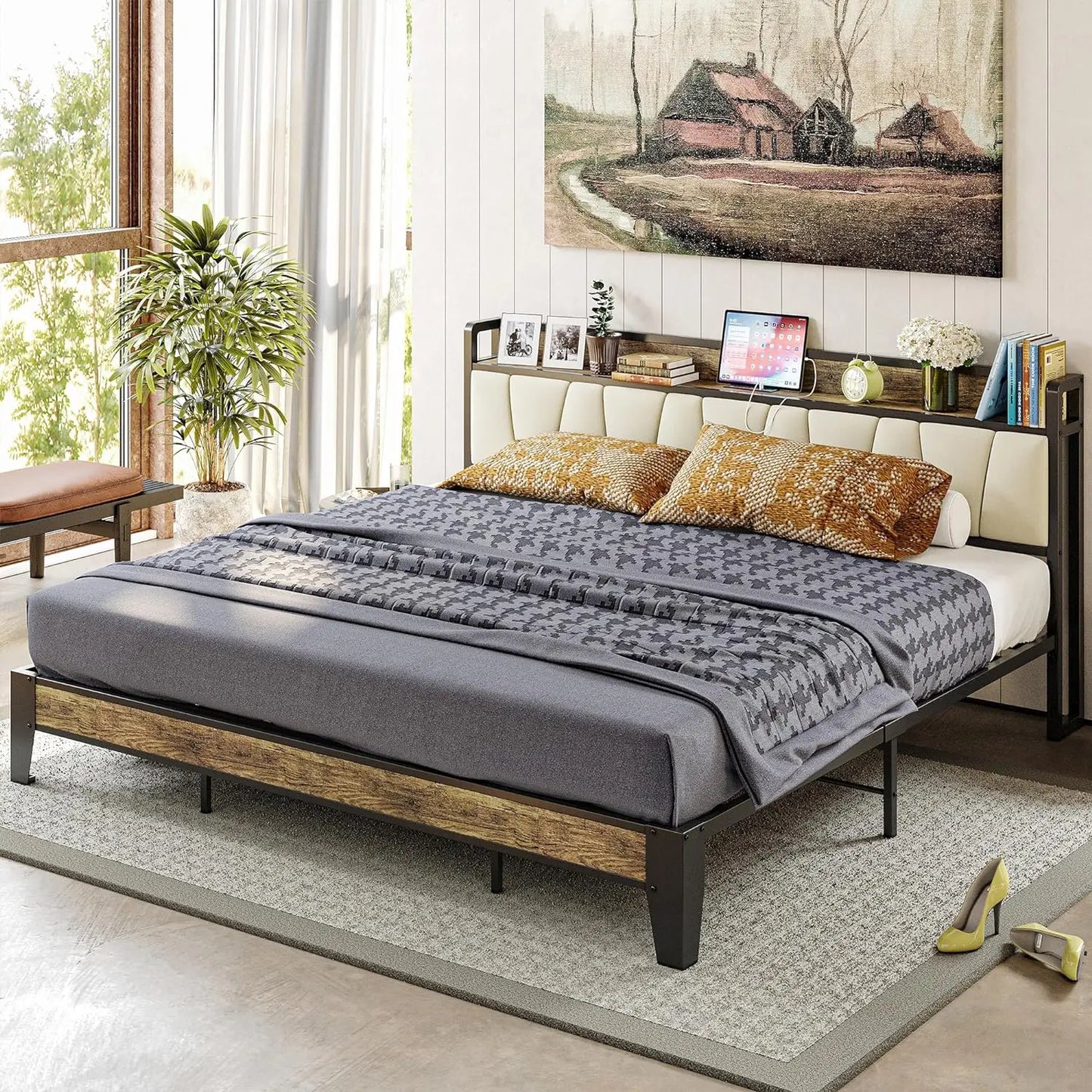 LIKIMIO King Bed Frame, Storage Headboard with Charging Station, Solid and Stable, Noise Free, No Box Spring Needed