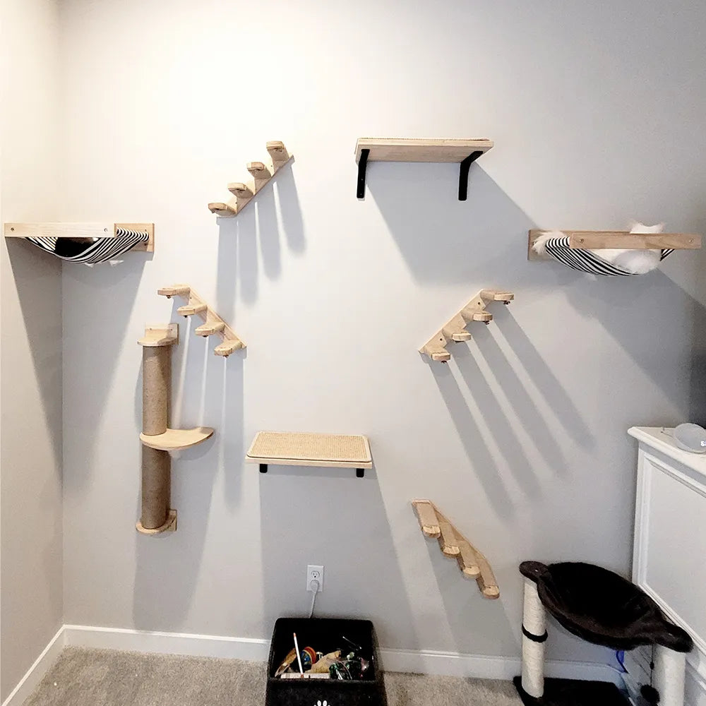 Cat Activity Tree with Scratching Posts Wall Mounted Sisal Scratcher Wooden Hammock Climbing Shelf Stairway Perch Platform Toy