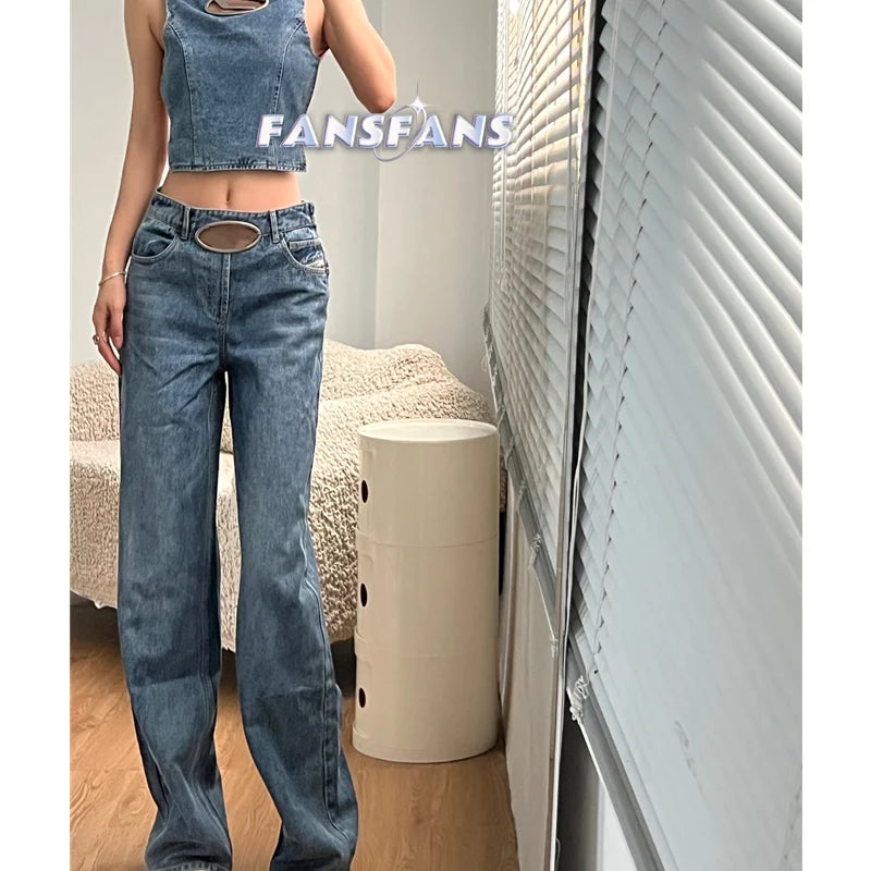 Women's Clothing Denim Tank Top Design Retro Large Open Back Metal Label Trend Fashion Top Chic Short Sleeveless Denim Tank Top