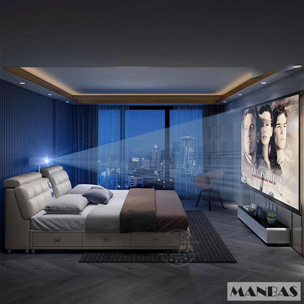 MANBAS Ultimate Tech Smart Bed - Multifunctional Bedframe with Genuine Leather and Bluetooth Speaker, Drawers, Projector, USB