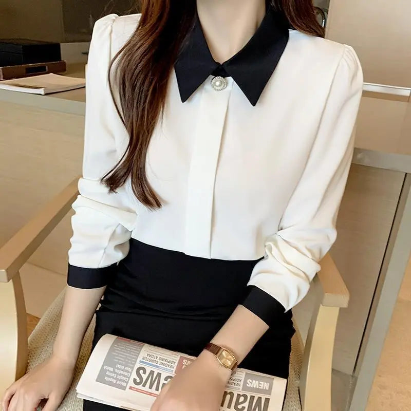 Fashion Lapel Spliced Button Oversized Chiffon Shirt 2022 Autumn New Casual Tops Elegant Women's Clothing Office Lady Blouses