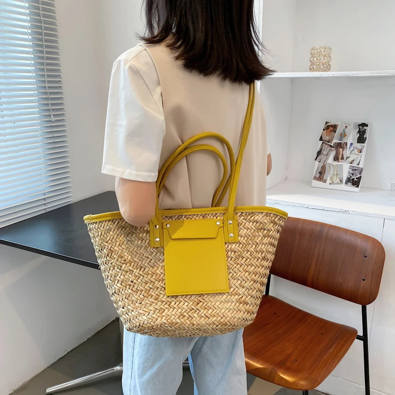 Summer Handmade Bags for Women Large Capacity Straw Bags Woven Basket Tote Top Handle Handbags Lady Beach Hand Bags Shoulder Bag