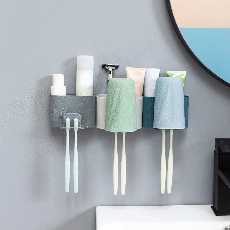 New Wall-Mounted Toothbrush Holder Bathroom Punch-Free Tooth Cup Rack Household Wall-Mounted Mouthwash Cup Holder Storage Box